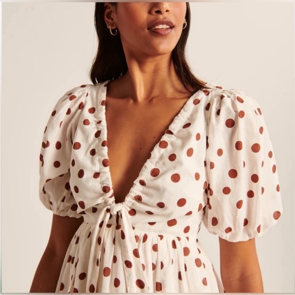 Abercrombie & Fitch Cream & Brown Polka Dot Puff Sleeve Mini Dress, Size SP - Picture 5 of 12